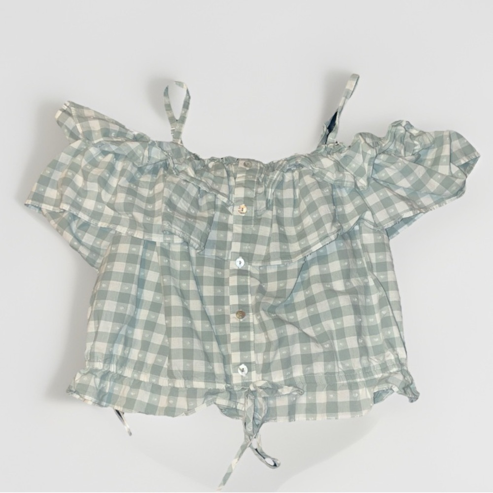 LC Sage Green Gingham Cropped Ruffle Blouse